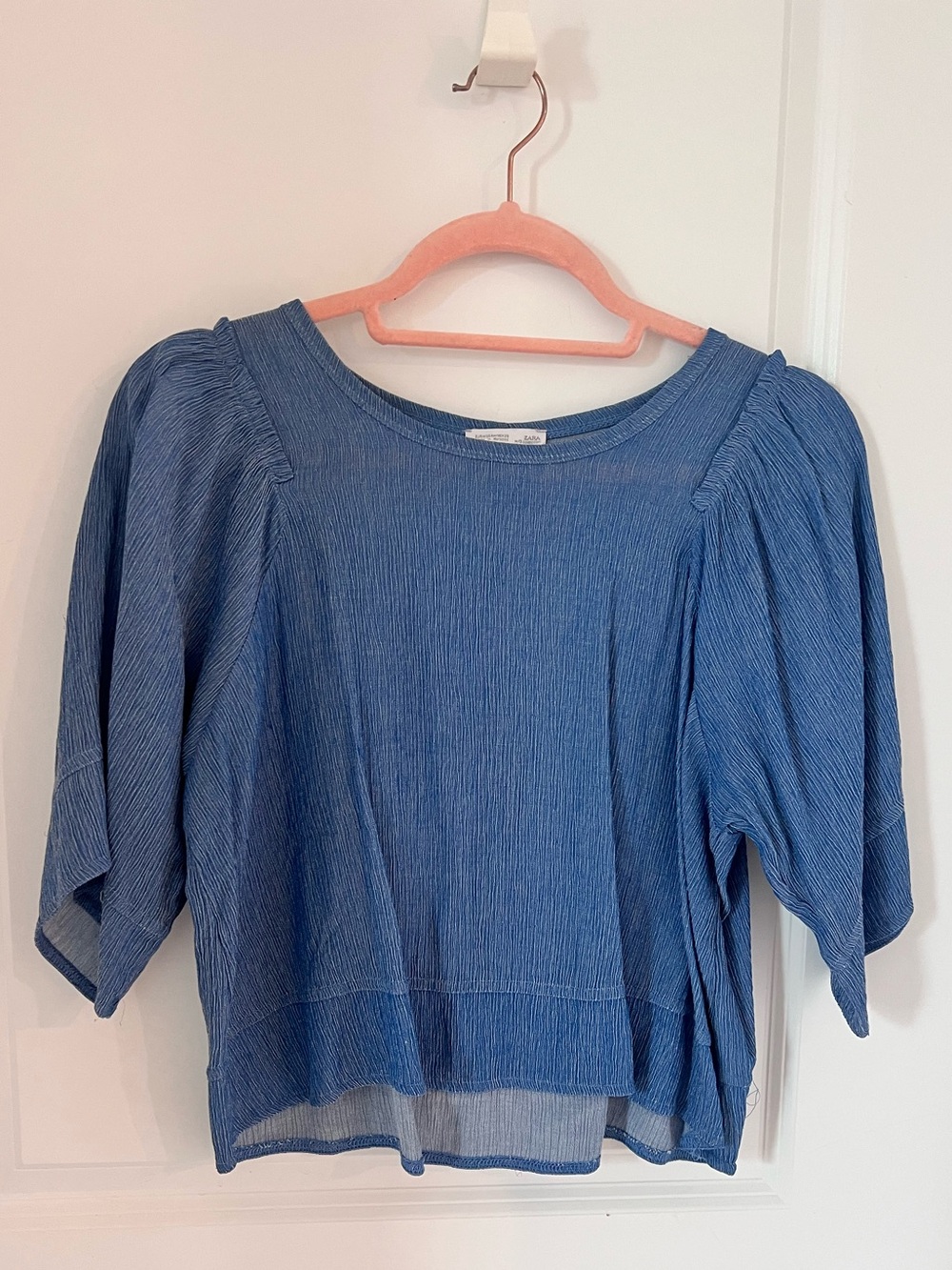 Zara Blue Puff-Sleeve Textured Blouse